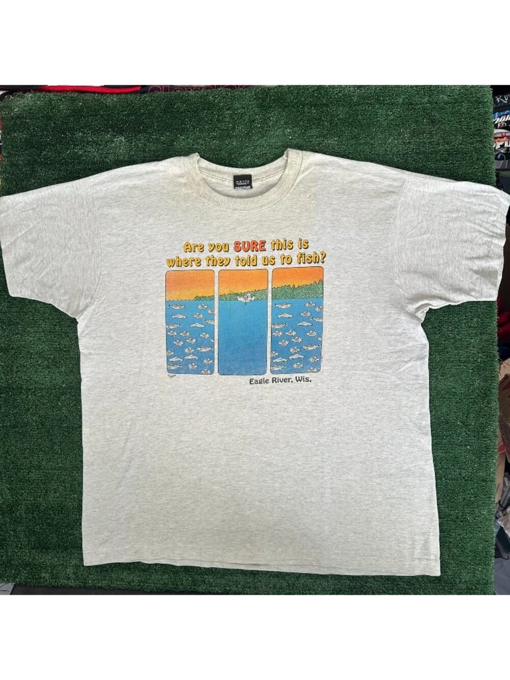 Vintage 90s Wisconsin Lake Fishing Humor T-Shirt Gray XXL Single Stitch Outdoor